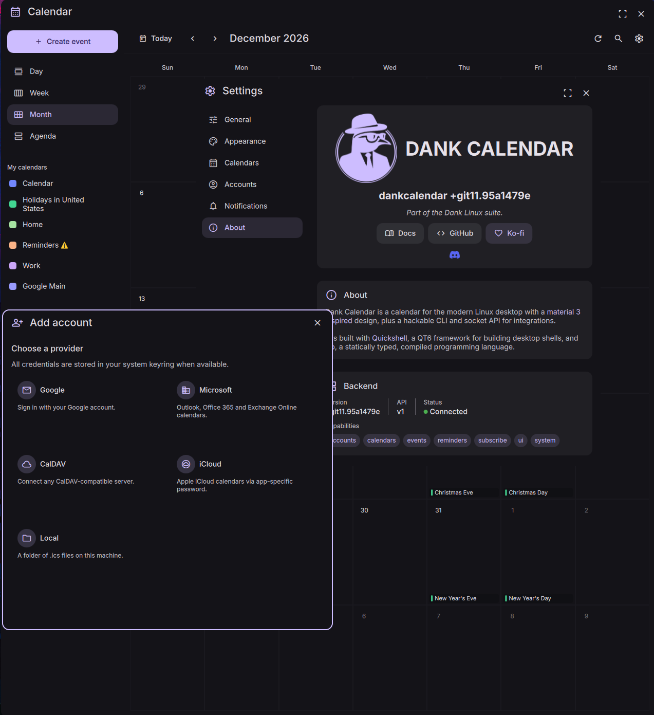 DankCalendar showing the month view, settings, and the add-account picker