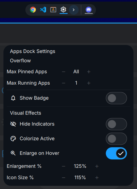 Dank Bar Apps Dock Widget settings