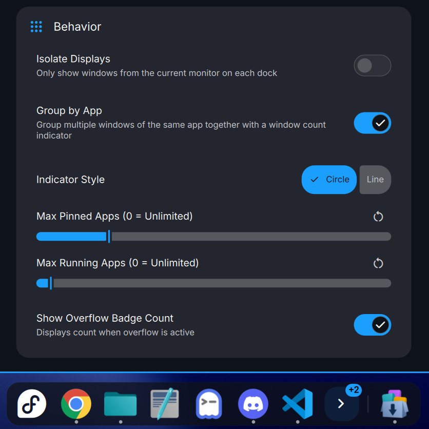 Dock overflow and behavior settings