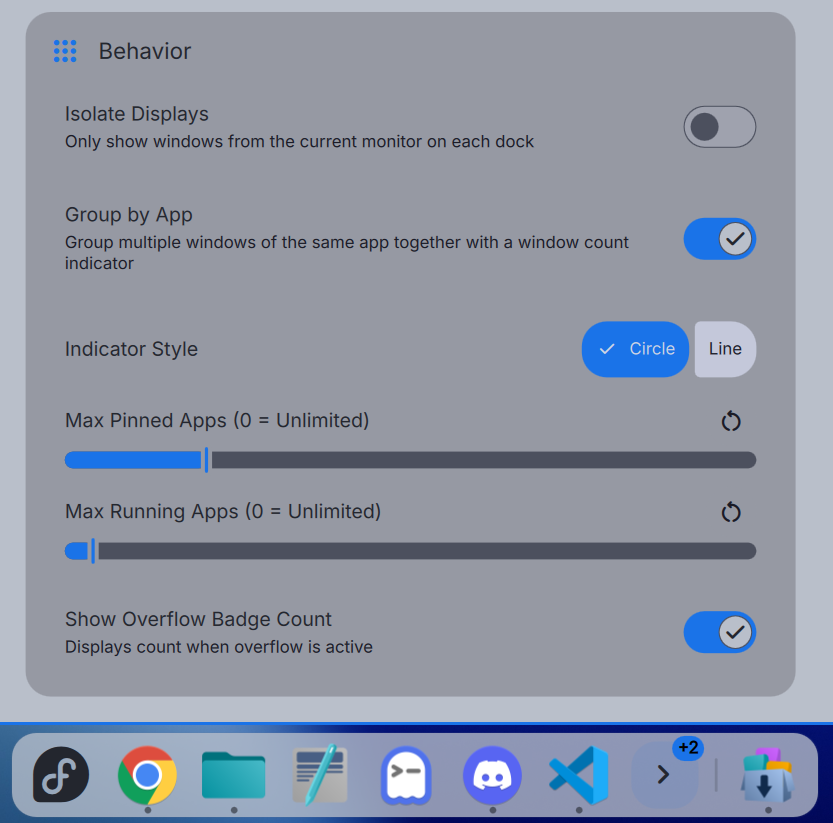 Dock overflow and behavior settings