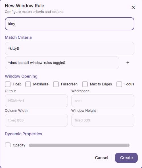New Window Rule modal