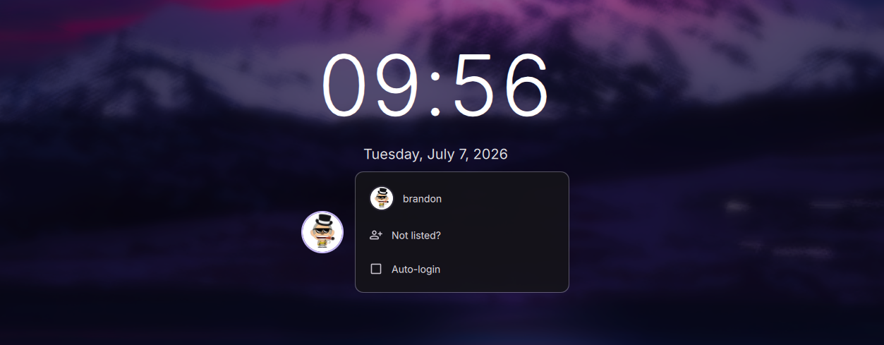 The DMS greeter login screen with user selection and auto-login