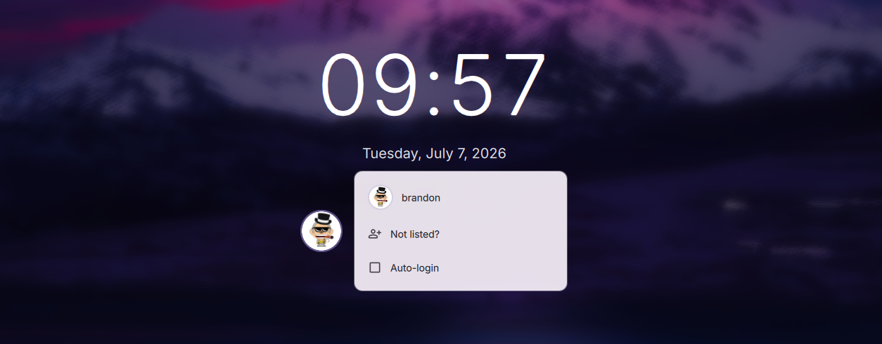 The DMS greeter login screen with user selection and auto-login
