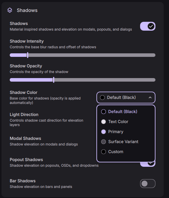 The reworked shadow and elevation controls with global and per-surface settings