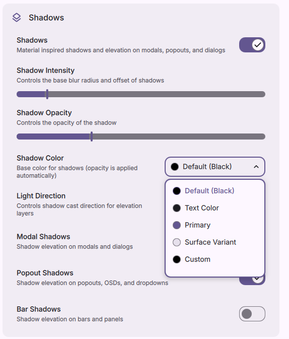 The reworked shadow and elevation controls with global and per-surface settings