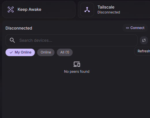 Tailscale status and device controls in the Control Center