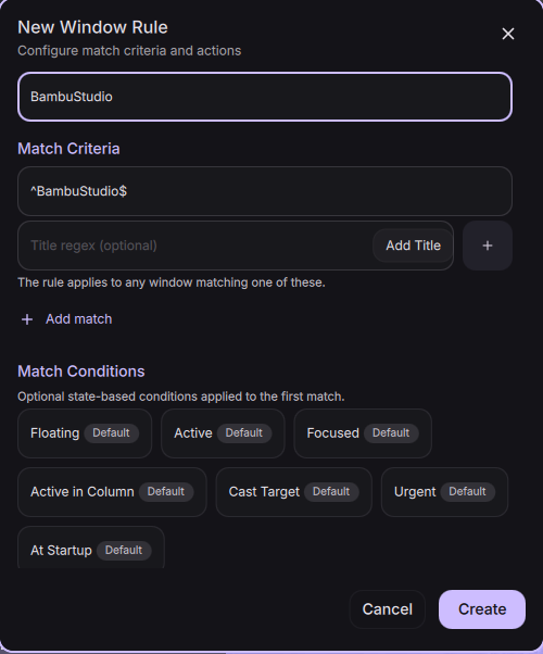 Creating a new window rule with match criteria and conditions