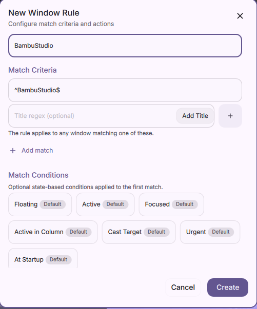 Creating a new window rule with match criteria and conditions