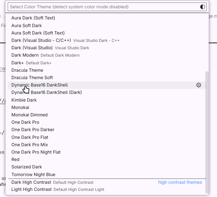 VS Code theme selection
